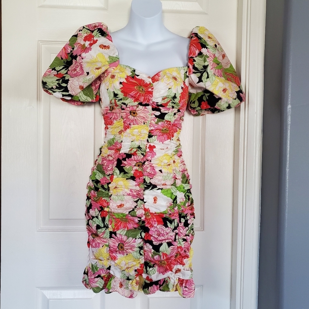 Zara Puff Sleeve Floral Mini Dress Rushed Gathered Multicolor Ruffled Size XS